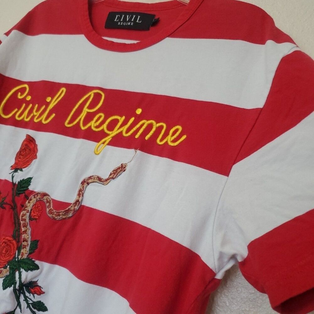 Civil Regime T-Shirt Product of the Poison Red Striped Size M Snake and Rose - Picture 7 of 14
